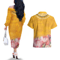 Africa Dashiki Couples Matching Off The Shoulder Long Sleeve Dress and Hawaiian Shirt King Protea Floral Motif Patterns - Wonder Print Shop