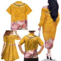 Africa Dashiki Family Matching Off The Shoulder Long Sleeve Dress and Hawaiian Shirt King Protea Floral Motif Patterns - Wonder Print Shop