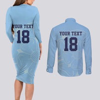 Custom Yorkshire Viking Spirit Couples Matching Long Sleeve Bodycon Dress and Long Sleeve Button Shirt White Rose of York Blue Version - Wonder Print Shop