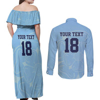 Custom Yorkshire Viking Spirit Couples Matching Off Shoulder Maxi Dress and Long Sleeve Button Shirt White Rose of York Blue Version - Wonder Print Shop