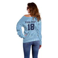 Custom Yorkshire Viking Spirit Off Shoulder Sweater White Rose of York Blue Version - Wonder Print Shop