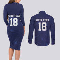 Custom Yorkshire Viking Spirit Couples Matching Long Sleeve Bodycon Dress and Long Sleeve Button Shirt White Rose of York Navy Version - Wonder Print Shop