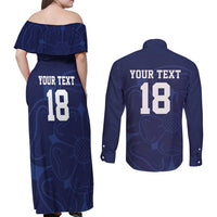 Custom Yorkshire Viking Spirit Couples Matching Off Shoulder Maxi Dress and Long Sleeve Button Shirt White Rose of York Navy Version - Wonder Print Shop
