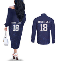 Custom Yorkshire Viking Spirit Couples Matching Off The Shoulder Long Sleeve Dress and Long Sleeve Button Shirt White Rose of York Navy Version - Wonder Print Shop