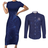 Custom Yorkshire Viking Spirit Couples Matching Short Sleeve Bodycon Dress and Long Sleeve Button Shirt White Rose of York Navy Version - Wonder Print Shop