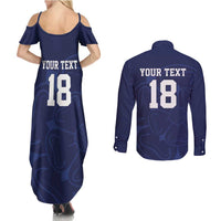 Custom Yorkshire Viking Spirit Couples Matching Summer Maxi Dress and Long Sleeve Button Shirt White Rose of York Navy Version - Wonder Print Shop
