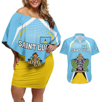 Personalized Saint Lucia Coat Of Arms Couples Matching Off Shoulder Short Dress and Hawaiian Shirt Sent Lisi Flag Style - Wonder Print Shop