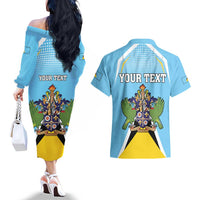 Personalized Saint Lucia Coat Of Arms Couples Matching Off The Shoulder Long Sleeve Dress and Hawaiian Shirt Sent Lisi Flag Style - Wonder Print Shop