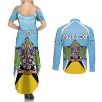 Personalized Saint Lucia Coat Of Arms Couples Matching Summer Maxi Dress and Long Sleeve Button Shirt Sent Lisi Flag Style - Wonder Print Shop
