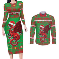 Personalized Wales Nadolig Llawen Couples Matching Long Sleeve Bodycon Dress and Long Sleeve Button Shirt Welsh Dragon Mascot - Merry Xmas - Wonder Print Shop