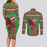 Personalized Wales Nadolig Llawen Couples Matching Long Sleeve Bodycon Dress and Long Sleeve Button Shirt Welsh Dragon Mascot - Merry Xmas - Wonder Print Shop