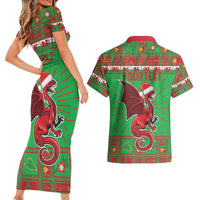 Personalized Wales Nadolig Llawen Couples Matching Short Sleeve Bodycon Dress and Hawaiian Shirt Welsh Dragon Mascot - Merry Xmas - Wonder Print Shop