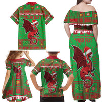 Personalized Wales Nadolig Llawen Family Matching Off Shoulder Maxi Dress and Hawaiian Shirt Welsh Dragon Mascot - Merry Xmas - Wonder Print Shop