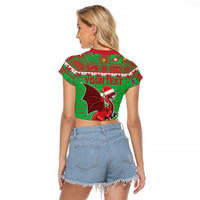 Personalized Wales Nadolig Llawen Raglan Cropped T Shirt Welsh Dragon Mascot - Merry Xmas - Wonder Print Shop