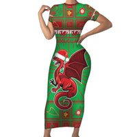 Personalized Wales Nadolig Llawen Short Sleeve Bodycon Dress Welsh Dragon Mascot - Merry Xmas - Wonder Print Shop