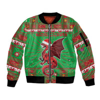 Personalized Wales Nadolig Llawen Sleeve Zip Bomber Jacket Welsh Dragon Mascot - Merry Xmas - Wonder Print Shop