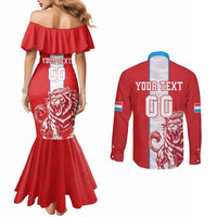 Custom Luxembourg Football Couples Matching Mermaid Dress and Long Sleeve Button Shirt Les Lions Rouges