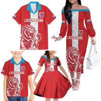 Custom Luxembourg Football Family Matching Off The Shoulder Long Sleeve Dress and Hawaiian Shirt Les Lions Rouges - Wonder Print Shop