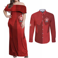 Canada Soccer Maple Leaf Custom Couples Matching Off Shoulder Maxi Dress and Long Sleeve Button Shirt Sporty Style - Wonder Print Shop