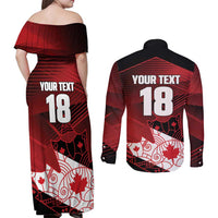 Custom Canada Soccer Couples Matching Off Shoulder Maxi Dress and Long Sleeve Button Shirt Les Rouges Maple Leaf - Wonder Print Shop