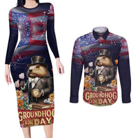 Groundhog Day Gentleman Couples Matching Long Sleeve Bodycon Dress and Long Sleeve Button Shirt Same Day Again - Wonder Print Shop