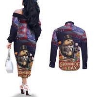 Groundhog Day Gentleman Couples Matching Off The Shoulder Long Sleeve Dress and Long Sleeve Button Shirt Same Day Again - Wonder Print Shop
