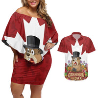 Funny Groundhog Day Couples Matching Off Shoulder Short Dress and Hawaiian Shirt Canadian Maple Leaf - Wonder Print Shop