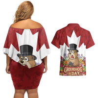 Funny Groundhog Day Couples Matching Off Shoulder Short Dress and Hawaiian Shirt Canadian Maple Leaf - Wonder Print Shop
