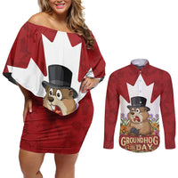 Funny Groundhog Day Couples Matching Off Shoulder Short Dress and Long Sleeve Button Shirt Canadian Maple Leaf - Wonder Print Shop