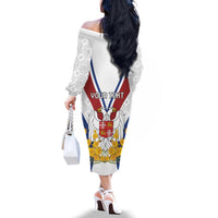 Personalized Serbia and Montenegro National Day Family Matching Off The Shoulder Long Sleeve Dress and Hawaiian Shirt Coat Of Arms Flag Style Since1992