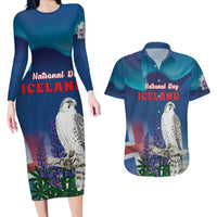 Personalized Iceland National Day Couples Matching Long Sleeve Bodycon Dress and Hawaiian Shirt Gyrfalcon With Lupine Flower