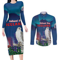 Personalized Iceland National Day Couples Matching Long Sleeve Bodycon Dress and Long Sleeve Button Shirt Gyrfalcon With Lupine Flower