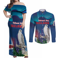 Personalized Iceland National Day Couples Matching Off Shoulder Maxi Dress and Long Sleeve Button Shirt Gyrfalcon With Lupine Flower