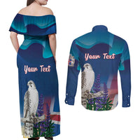 Personalized Iceland National Day Couples Matching Off Shoulder Maxi Dress and Long Sleeve Button Shirt Gyrfalcon With Lupine Flower