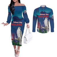 Personalized Iceland National Day Couples Matching Off The Shoulder Long Sleeve Dress and Long Sleeve Button Shirt Gyrfalcon With Lupine Flower