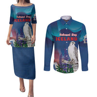 Personalized Iceland National Day Couples Matching Puletasi and Long Sleeve Button Shirt Gyrfalcon With Lupine Flower