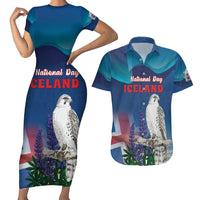 Personalized Iceland National Day Couples Matching Short Sleeve Bodycon Dress and Hawaiian Shirt Gyrfalcon With Lupine Flower