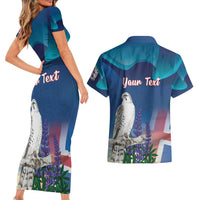 Personalized Iceland National Day Couples Matching Short Sleeve Bodycon Dress and Hawaiian Shirt Gyrfalcon With Lupine Flower