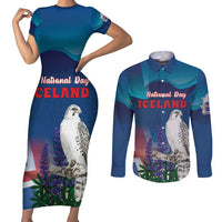 Personalized Iceland National Day Couples Matching Short Sleeve Bodycon Dress and Long Sleeve Button Shirt Gyrfalcon With Lupine Flower