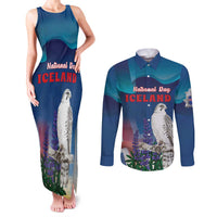 Personalized Iceland National Day Couples Matching Tank Maxi Dress and Long Sleeve Button Shirt Gyrfalcon With Lupine Flower