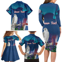 Personalized Iceland National Day Family Matching Long Sleeve Bodycon Dress and Hawaiian Shirt Gyrfalcon With Lupine Flower