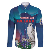 Personalized Iceland National Day Family Matching Long Sleeve Bodycon Dress and Hawaiian Shirt Gyrfalcon With Lupine Flower