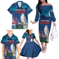 Personalized Iceland National Day Family Matching Off The Shoulder Long Sleeve Dress and Hawaiian Shirt Gyrfalcon With Lupine Flower