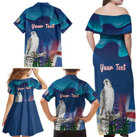 Personalized Iceland National Day Family Matching Off Shoulder Maxi Dress and Hawaiian Shirt Gyrfalcon With Lupine Flower