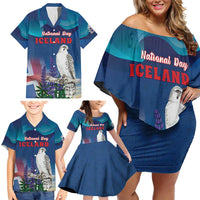 Personalized Iceland National Day Family Matching Off Shoulder Short Dress and Hawaiian Shirt Gyrfalcon With Lupine Flower
