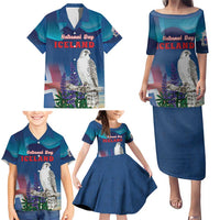 Personalized Iceland National Day Family Matching Puletasi and Hawaiian Shirt Gyrfalcon With Lupine Flower