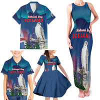 Personalized Iceland National Day Family Matching Tank Maxi Dress and Hawaiian Shirt Gyrfalcon With Lupine Flower