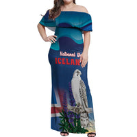Personalized Iceland National Day Off Shoulder Maxi Dress Gyrfalcon With Lupine Flower