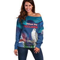 Personalized Iceland National Day Off Shoulder Sweater Gyrfalcon With Lupine Flower