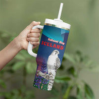 Personalized Iceland National Day Tumbler With Handle Gyrfalcon With Lupine Flower